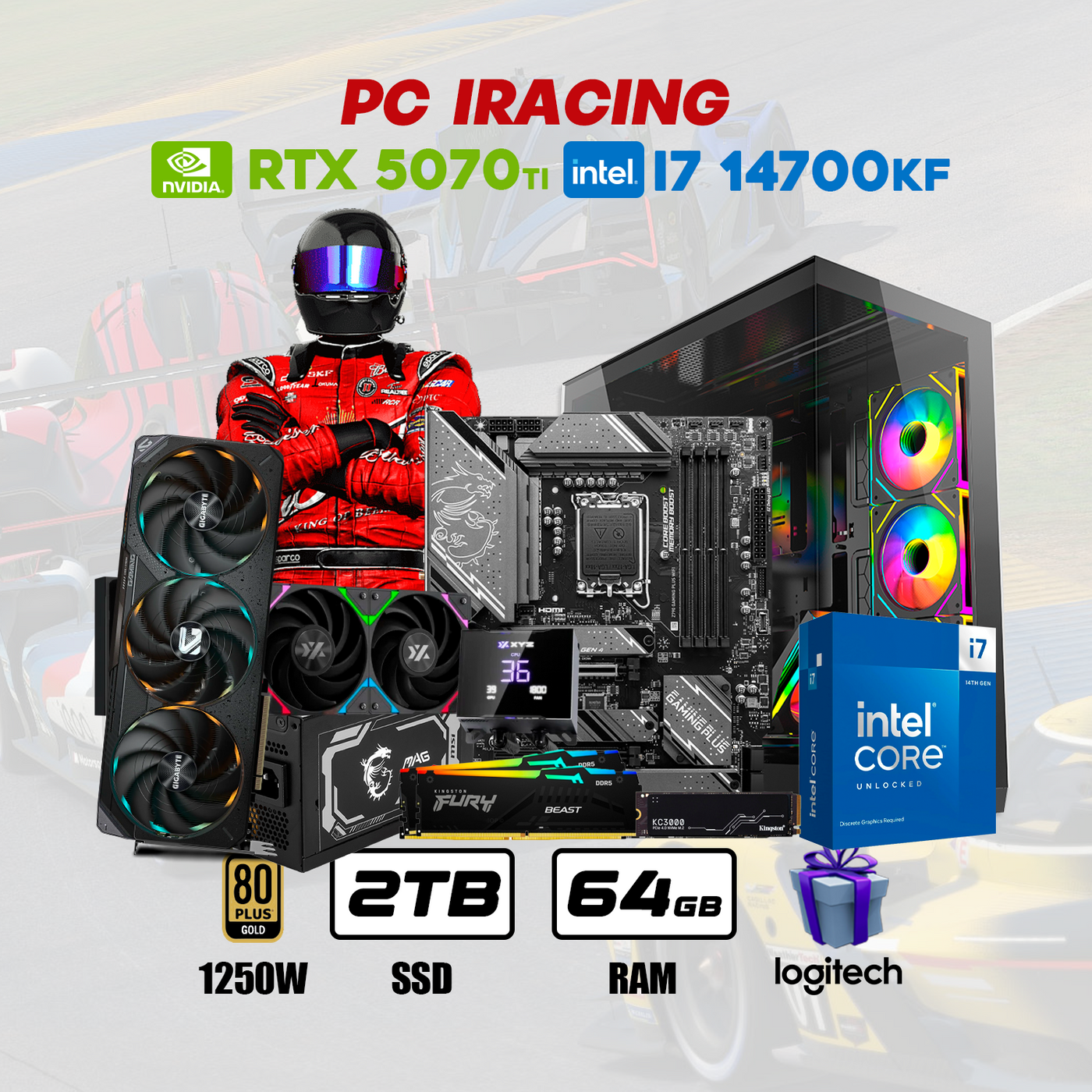 CPU IRacing Intel Core I7 14700KF | RTX 5070 Ti 16GB | 2TB SSD | 64GB RAM DDR5 | ENF. LIQ.#RB1933