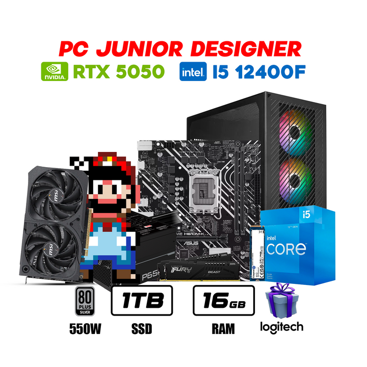 PC Junior Designer i5 12400F + RTX 5050 8GB + 16GB DDR5 + 1TB NVMe