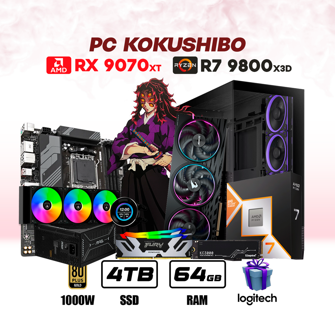 PC Gamer Kokushibo Ryzen 7 9800X3D + RX 9070 XT 16GB + 4TB SSD + 64GB DDR5 + ENF. LIQ.