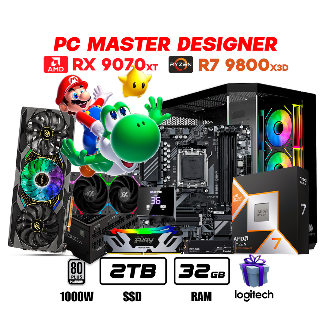 PC Master Designer Ryzen 7 9800X3D + RX 9070 XT 16GB + 32GB DDR5 + 2TB NVMe PCIe 4.0 - Achorao