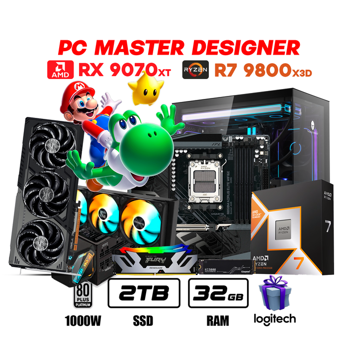 PC Master Designer Ryzen 7 9800X3D + RX 9070 XT 16GB + 32GB DDR5 + 2TB NVMe PCIe 4.0