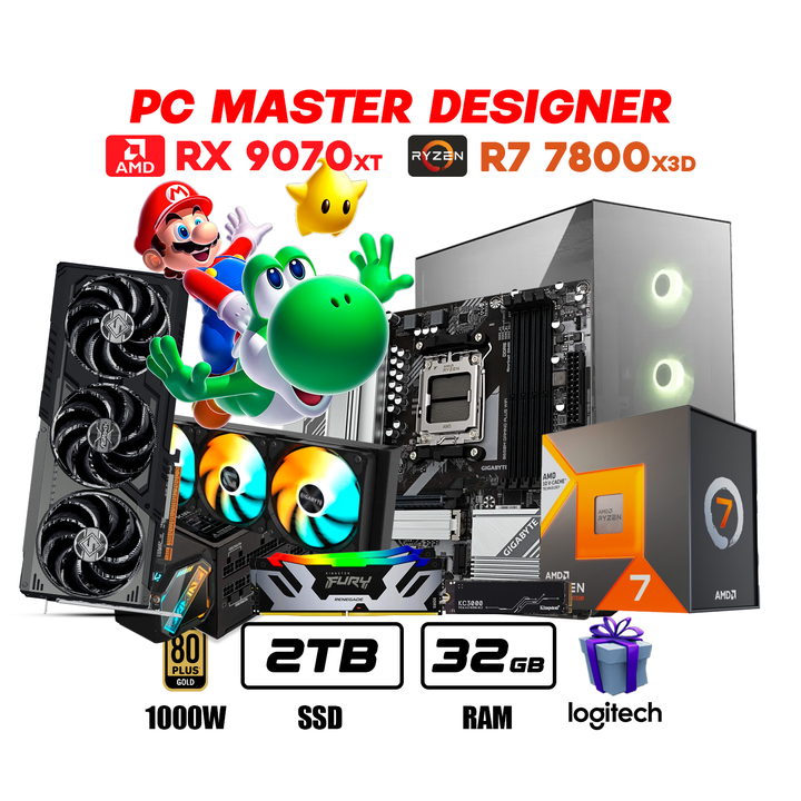 PC Master Designer Ryzen 7 7800X3D + RX 9070 XT 16GB + 32GB DDR5 + 2TB NVMe PCIe 4.0