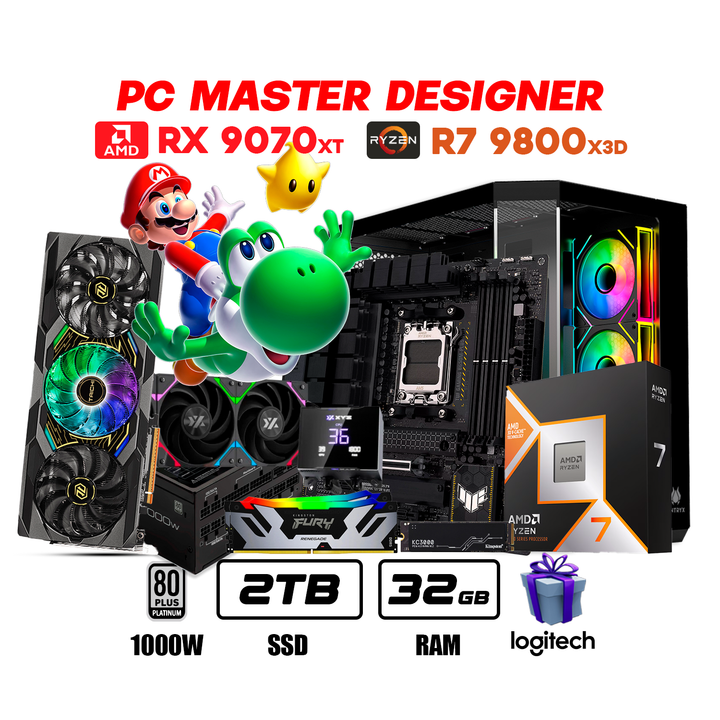PC Master Designer Ryzen 7 9800X3D + RX 9070 XT 16GB + 32GB DDR5 + 2TB NVMe PCIe 4.0 - Achorao