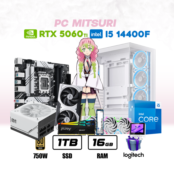 PC Mitsuri Intel Core I5 14400F + RTX 5060 TI 8GB + 1Tb NVMe + 16Gb DDR5 + Enf. Liq,