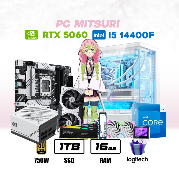 PC Mitsuri Intel Core I5 14400F + RTX 5060 TI 8GB + 1Tb NVMe + 16Gb DDR5 + Enf. Liq,