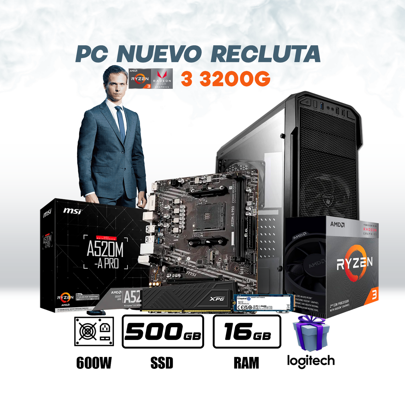 CPU Oficina Nuevo Recluta AMD Ryzen 3 3200G | VEGA 8 | 500GB SSD | 16GB DE RAM DDR4 #O2031