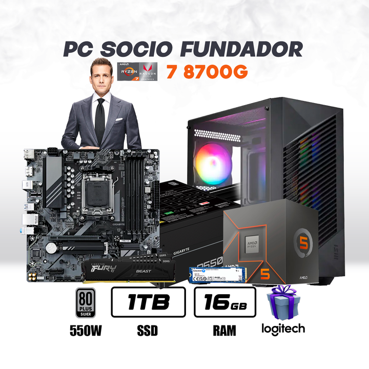 PC Oficina Socio Fundador Ryzen 7 8700G + 16GB DDR5 + 1TB NVMe