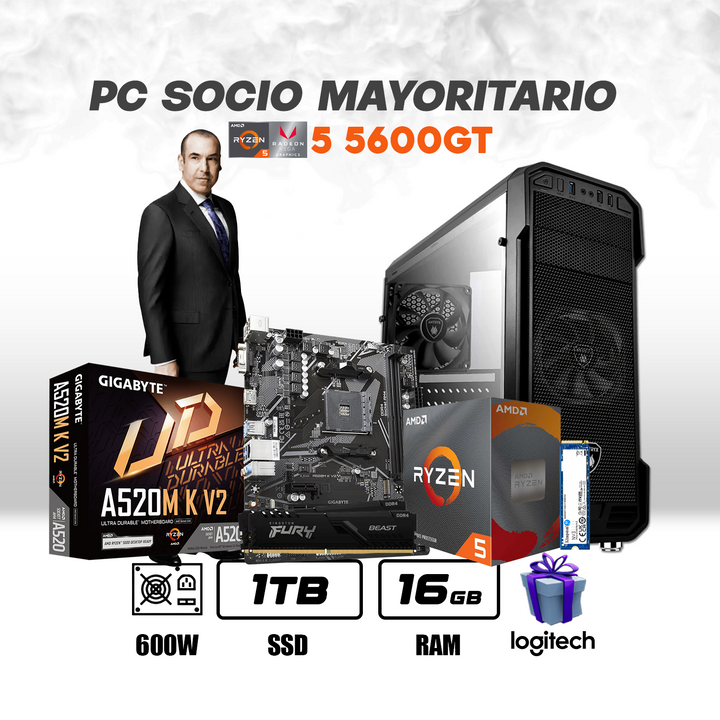 PC Oficina Socio Mayoritario Ryzen 5 5600GT + 16GB DDR4 + 1TB NVMe - Achorao