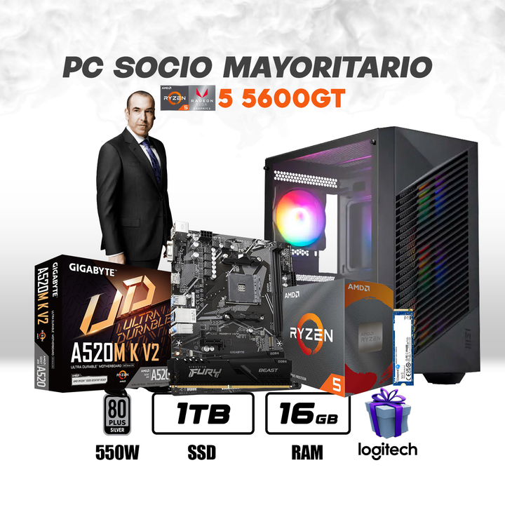 PC Oficina Socio Mayoritario Ryzen 5 5600GT + 16GB DDR4 + 1TB NVMe
