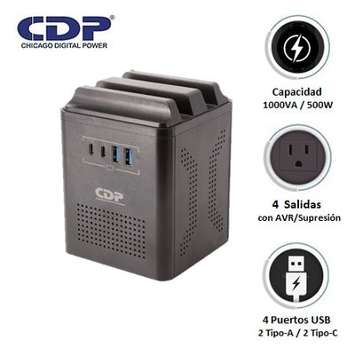 Estabilizador CDP RUAVR1004I 1000VA/500W 4 Salidas/2 USB-A/2USB C (RUAVR1004I) - Achorao