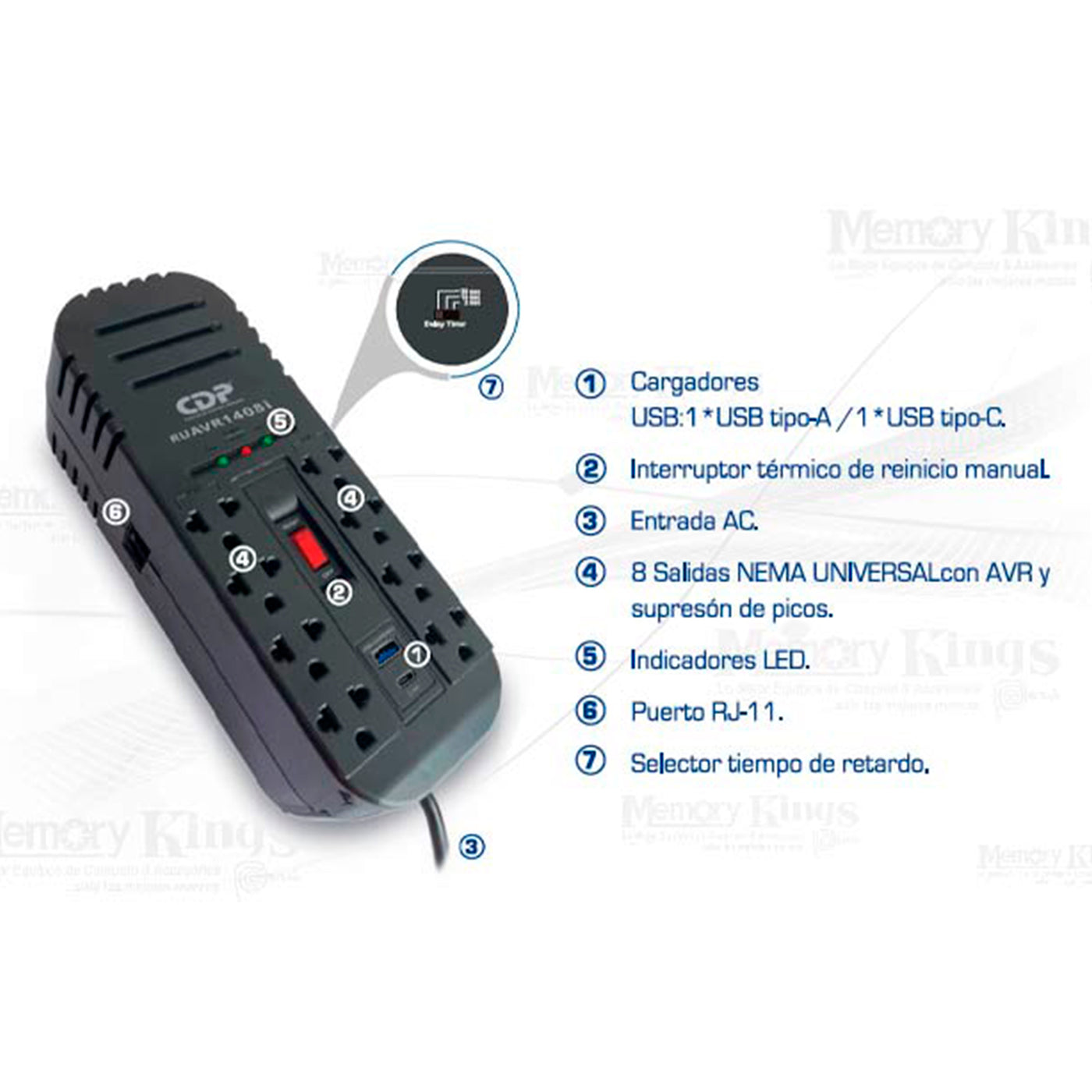 Estabilizador CDP RUAVR1408I 1400VA/700W 8 Salidas/ 1 USB-A/1 US - Achorao