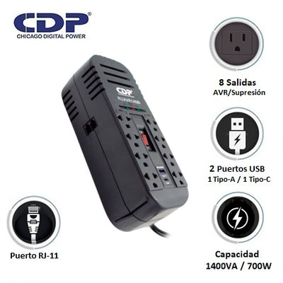 Estabilizador CDP RUAVR1408I 1400VA/700W 8 Salidas/ 1 USB-A/1 US - Achorao
