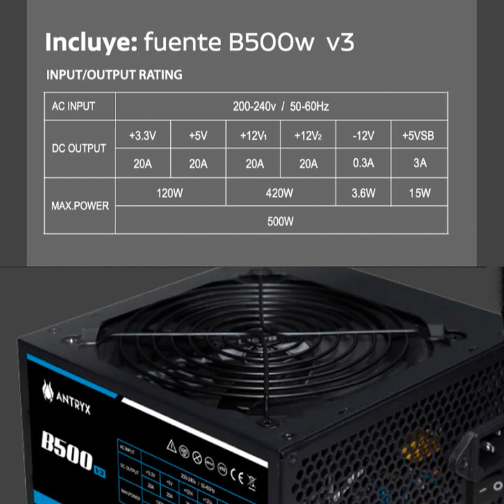 CASE C/FUENTE B500W ANTRYX RX-240, FRGB FAN X3, VIDRIO TEMPLADO - Achorao