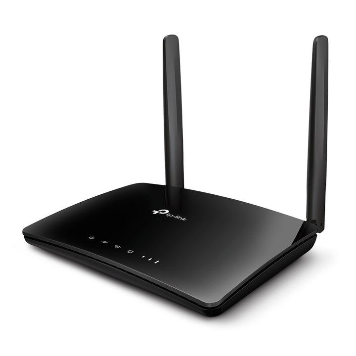 Router inalámbrico TP-Link 4G LTE Wi-Fi N de 300 Mbps, vista frontal negra con antenas externas