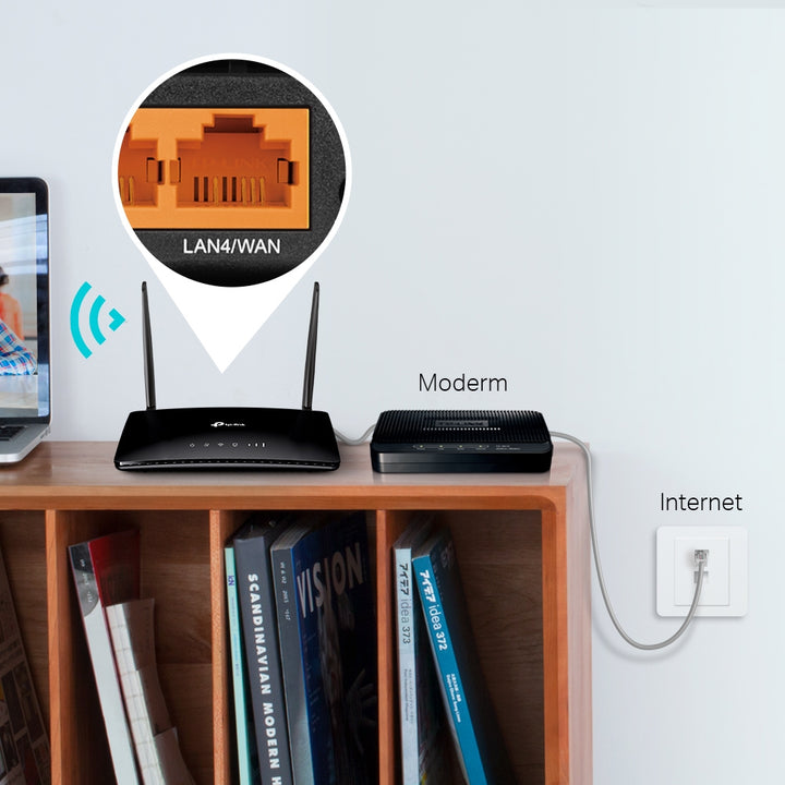 Router inalámbrico TP-Link 4G LTE Wi-Fi N de 300 Mbps, vista frontal del dispositivo blanco y sus antenas
