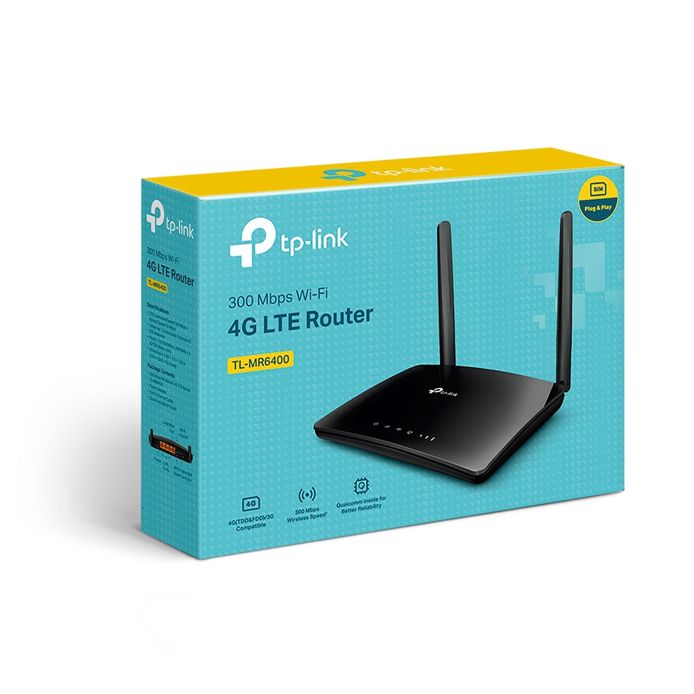 Router inalámbrico TP-Link 4G LTE Wi‑Fi N de 300 Mbps, diseño blanco con antenas externas visibles