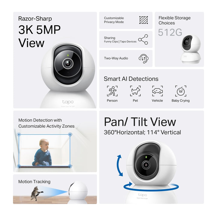 Cámara de seguridad TP-Link Tapo C230 Wi-Fi pan/tilt, 5 MP, con IA - Achorao