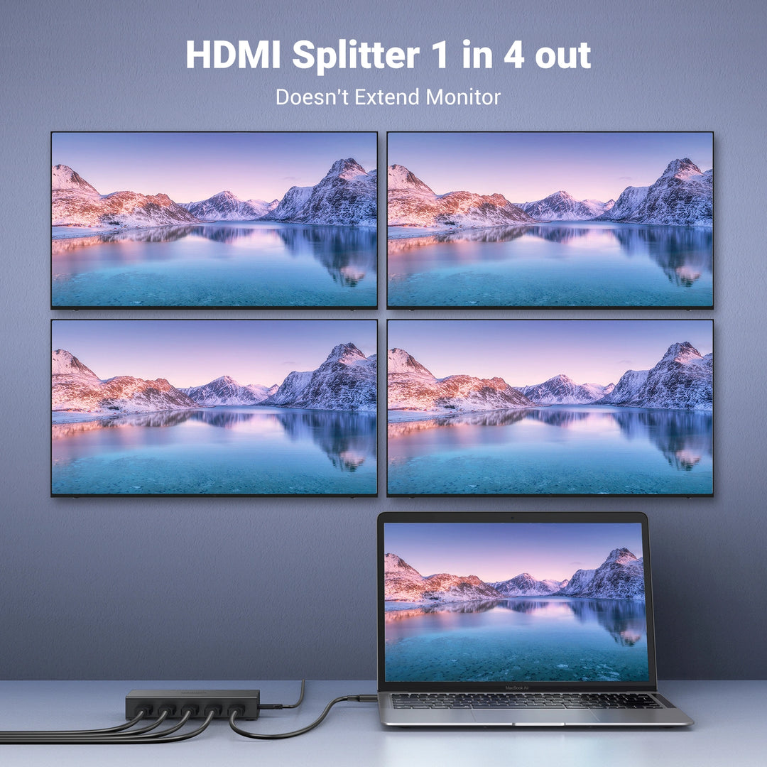 Splitter HDMI UGREEN CM570 con 1 entrada y 4 salidas, soporta 4K@60Hz, adaptador de video para múltiples pantallas.