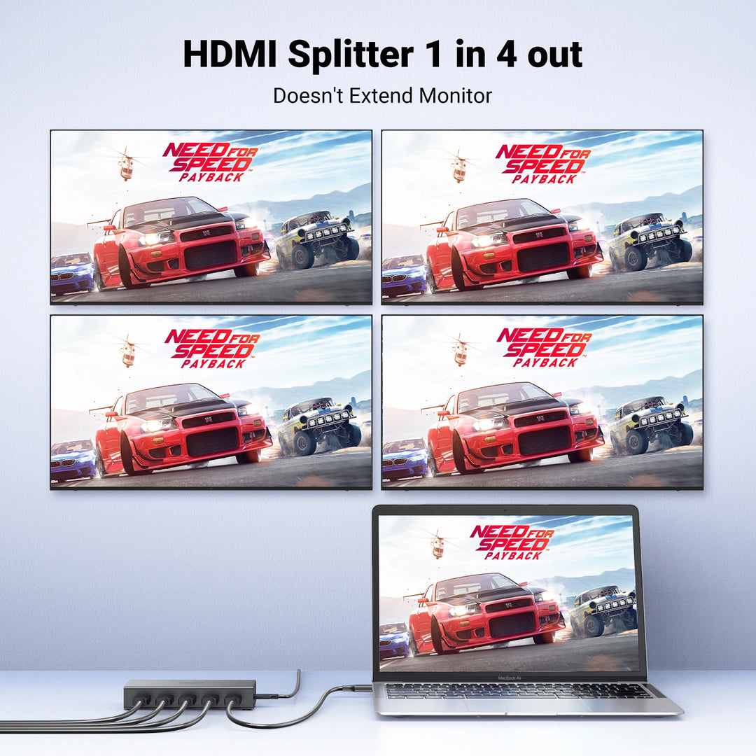 Splitter HDMI UGREEN CM570, adaptador de 1 entrada a 4 salidas 4K@60Hz, mostrando conexiones y cables en uso.