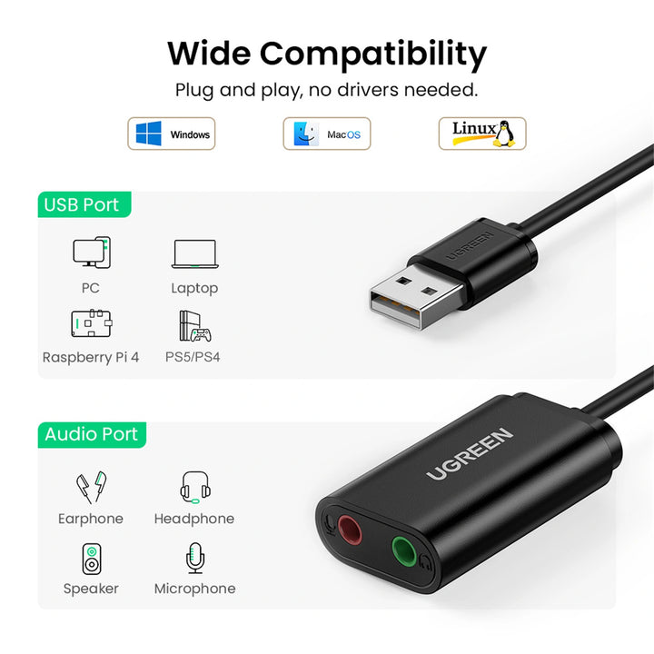 Adaptador de sonido externo a USB 2,0 UGREEN (Black) US205 30724
