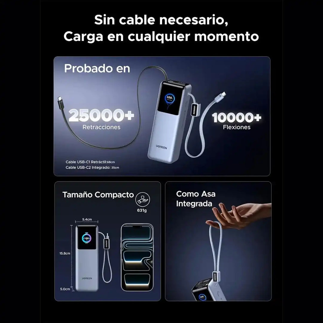 Powerbank UGREEN con cable retráctil 200W 25000mAh PB728