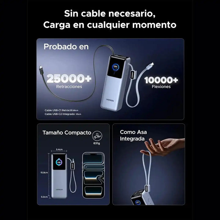 Powerbank UGREEN con cable retráctil 200W 25000mAh PB728
