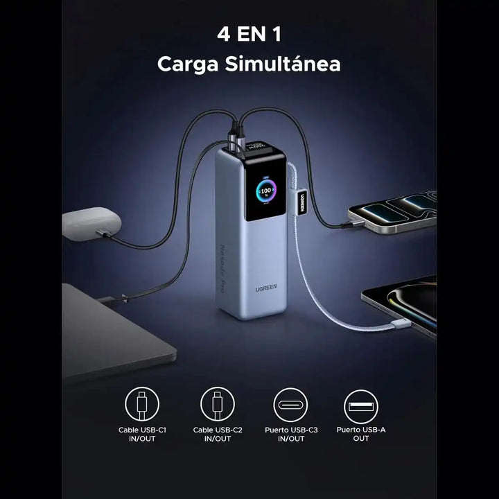 Powerbank UGREEN con cable retráctil 200W 25000mAh PB728