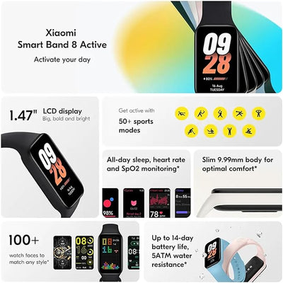 Xiaomi Smart Band 8 Active Fitness Tracker y rastreador de actividad pantalla LCD 1,47" batería de 14 días / oxígeno en sangre / frecuencia cardíaca / monitoreo del sueño y estrés