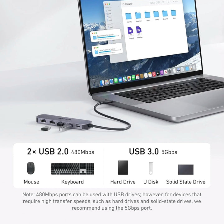 Adaptador hub Anker USB-C 5 en 1 gris con HDMI 4K y carga pass-through de 90 W