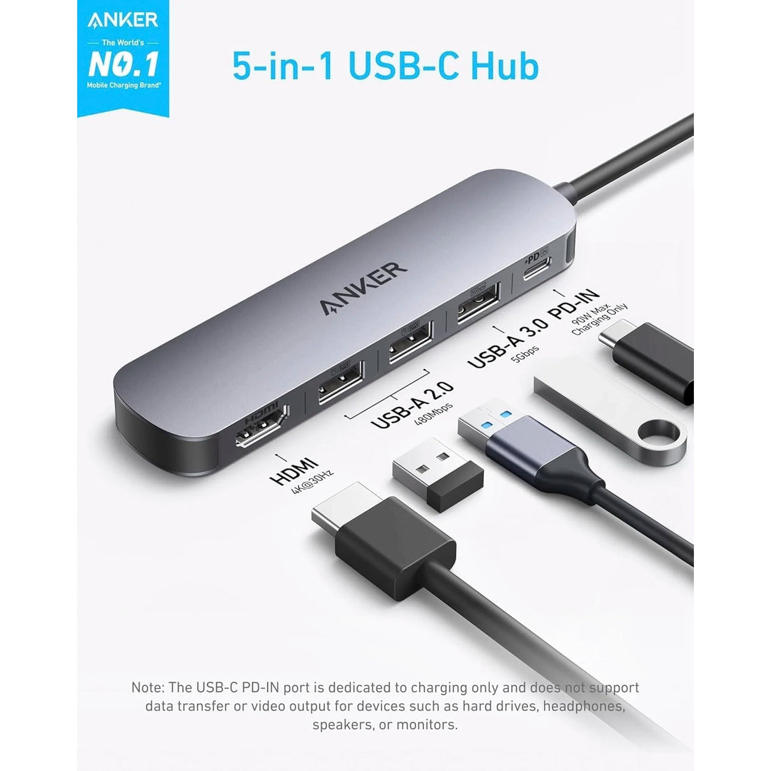 Adaptador hub Anker USB-C 5 en 1 gris con HDMI 4K y carga pass-through de 90 W