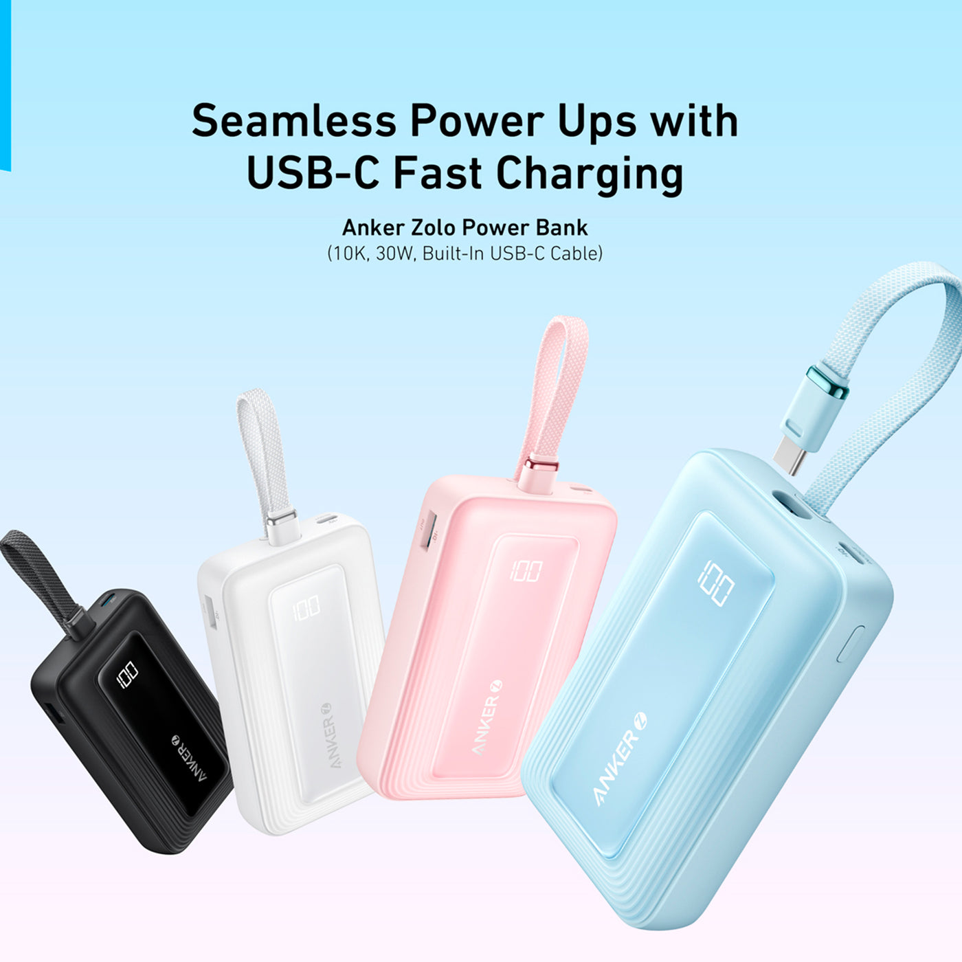 Power Bank Anker Zolo (30W, 10,000 mAh, Cable USB-C incorporado) - Achorao