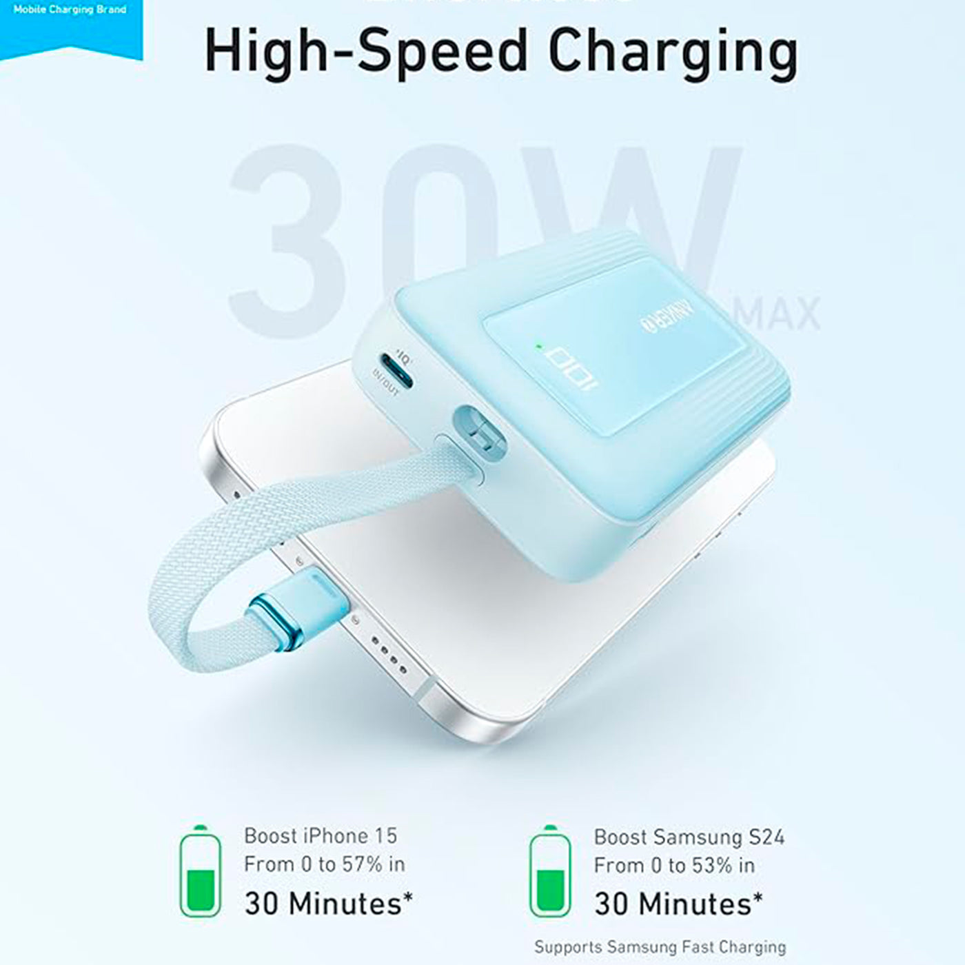 Power Bank Anker Zolo (30W, 10,000 mAh, Cable USB-C incorporado) - Achorao
