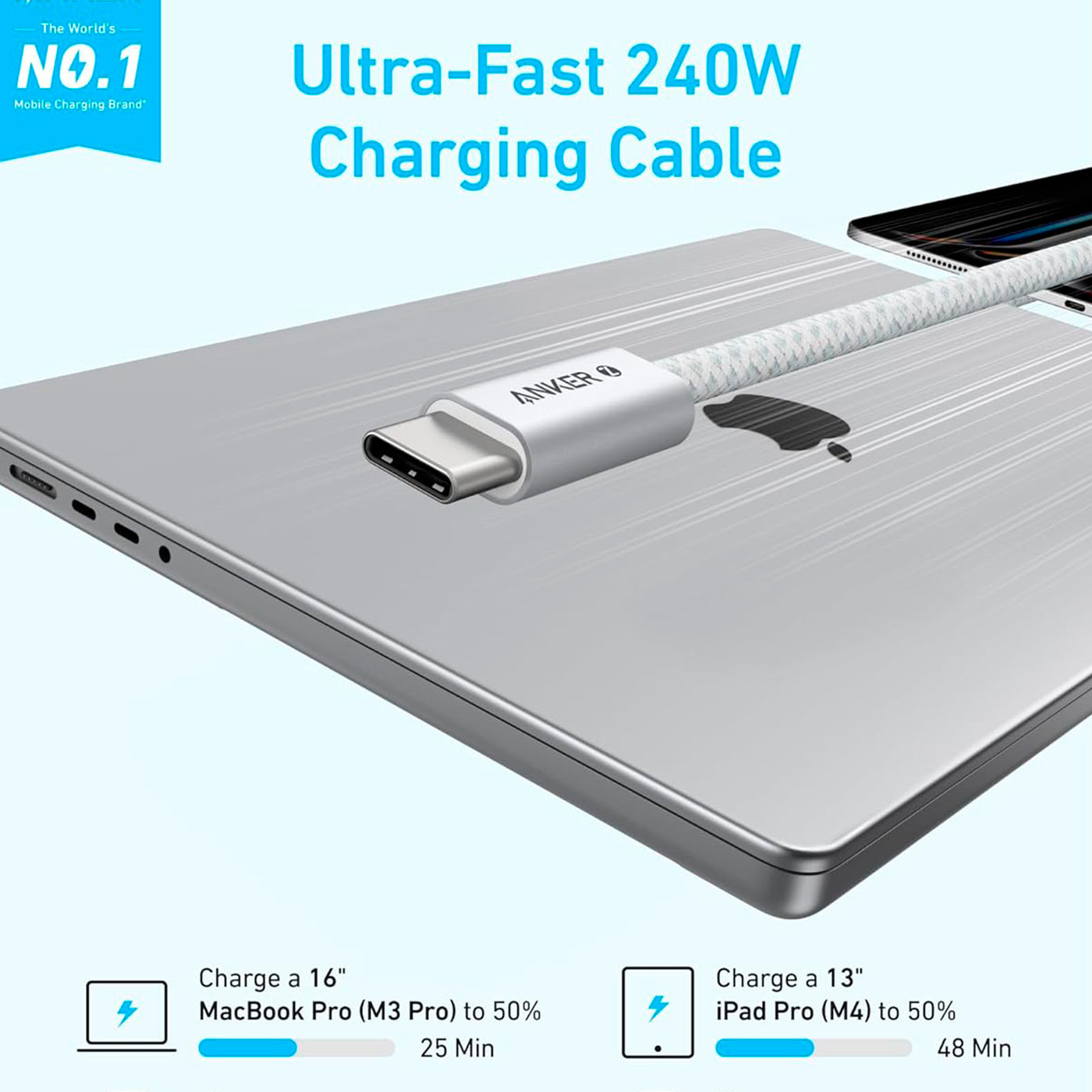 Cable USB-C A USB-C Anker Zolo 240W, Trenzado 1m blanco - Achorao