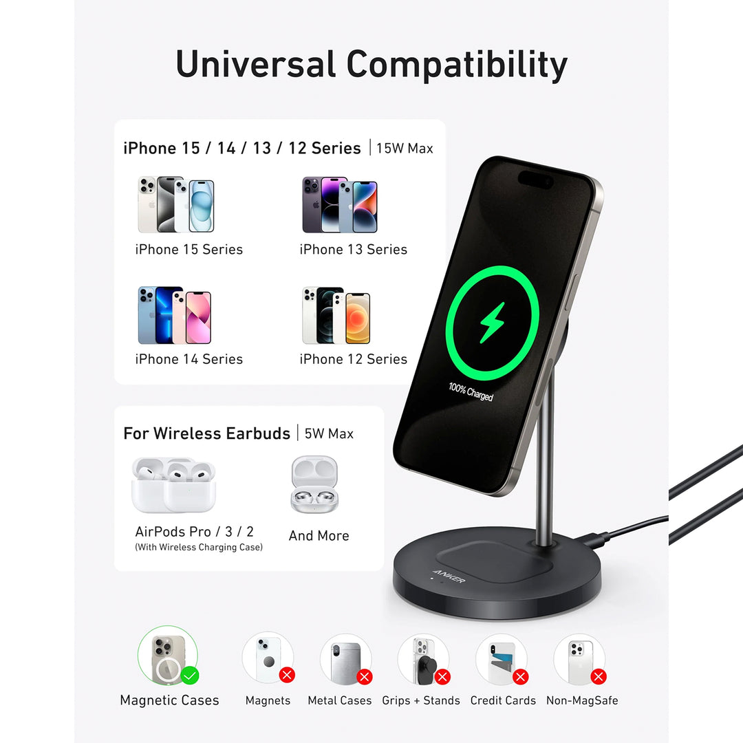 Estación de carga inalámbrica Anker MagGo Wireless Charger 2 en 1 con adaptador y cable, color Black