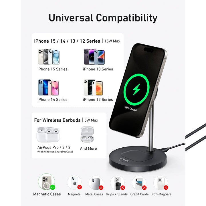 Estación de carga inalámbrica Anker MagGo Wireless Charger 2 en 1 con adaptador y cable, color Black