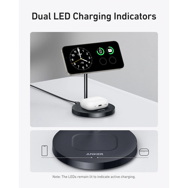 Estación de carga inalámbrica Anker MagGo Wireless Charger 2 en 1 con adaptador y cable, color Black