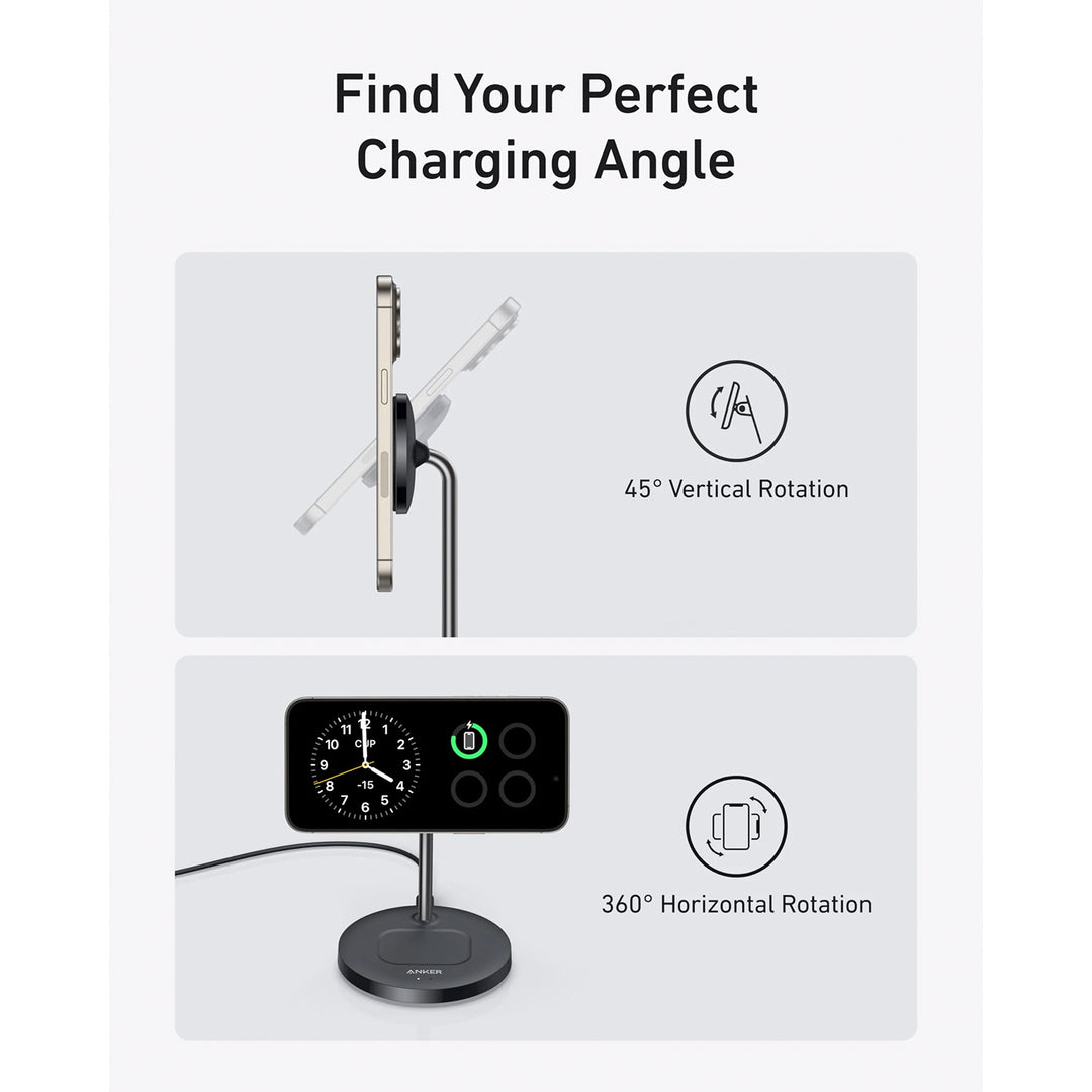 Estación de carga inalámbrica Anker MagGo Wireless Charger 2 en 1 con adaptador y cable, color Black