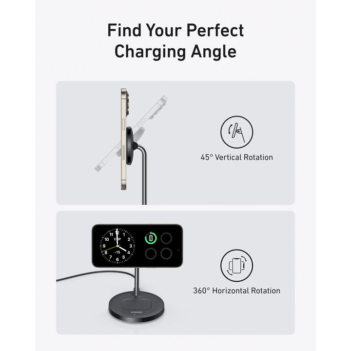 Estación de carga inalámbrica Anker MagGo Wireless Charger 2 en 1 con adaptador y cable, color Black