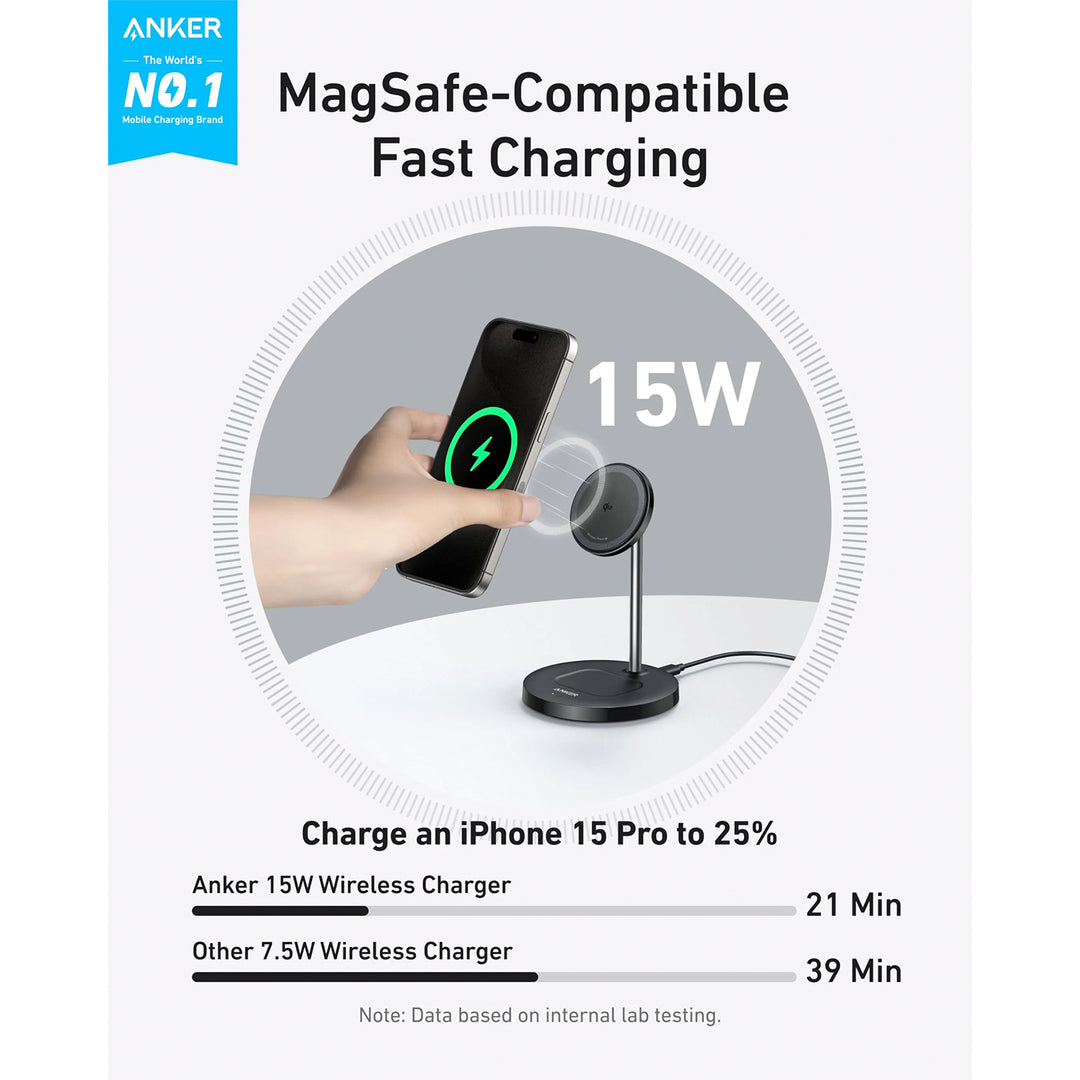 Estación de carga inalámbrica Anker MagGo Wireless Charger 2 en 1 con adaptador y cable, color Black