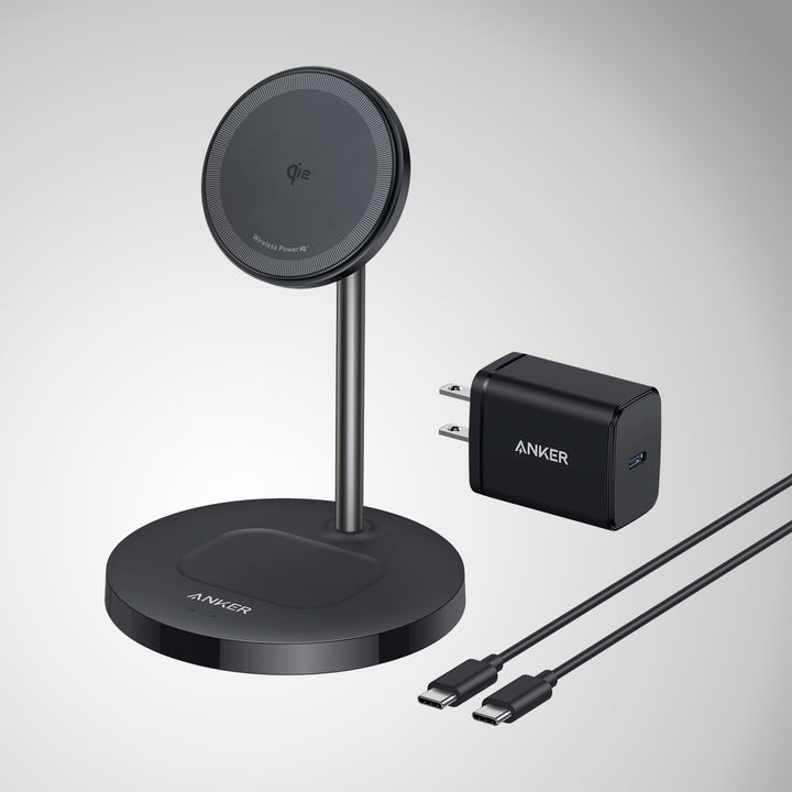 Estación de carga inalámbrica Anker MagGo Wireless Charger 2 en 1 con adaptador y cable, color Black