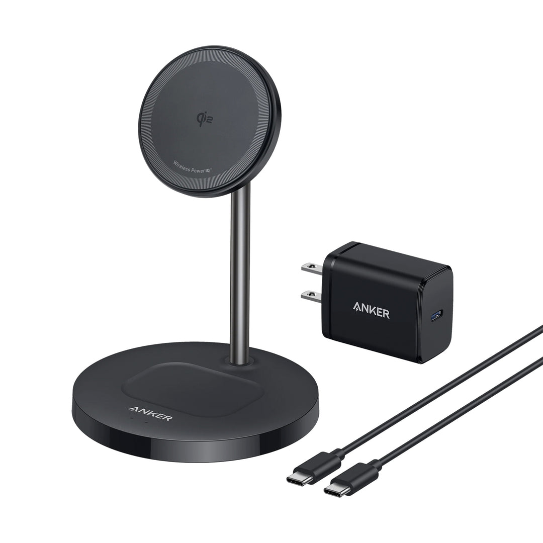 Estación de carga inalámbrica Anker MagGo Wireless Charger 2 en 1 con adaptador y cable, color Black