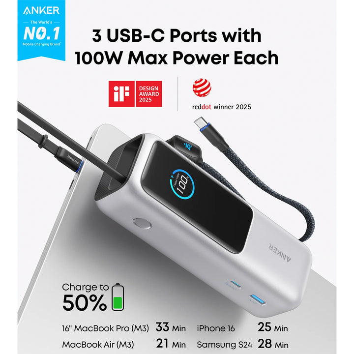 Power Bank Anker 25000 mAh 165 W USB-C integrado y cable retráctil