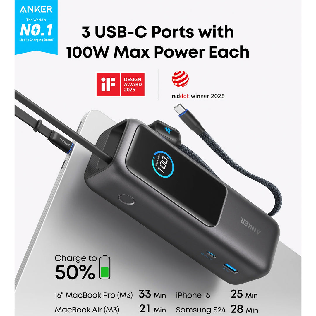 Power Bank Anker 25000 mAh 165 W USB-C integrado y cable retráctil