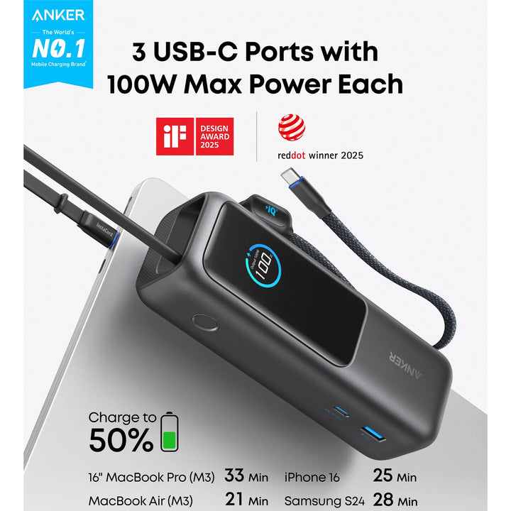 Power Bank Anker 25000 mAh 165 W USB-C integrado y cable retráctil