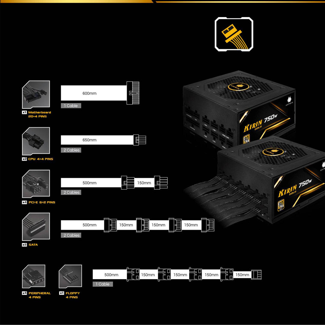 Fuente de poder ANTRYX 750W KIRIN GOLD, 80 PLUS GOLD, MODULAR (GPX750S) - Achorao