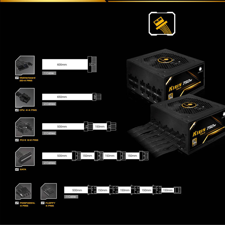 Fuente de poder ANTRYX 750W KIRIN GOLD, 80 PLUS GOLD, MODULAR (GPX750S) - Achorao