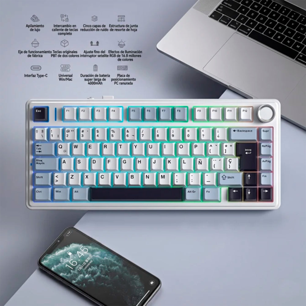 Teclado gamer Aula F75 RGB Cableado Ingles Blue/white/dark - REAPER SWITCH - Achorao