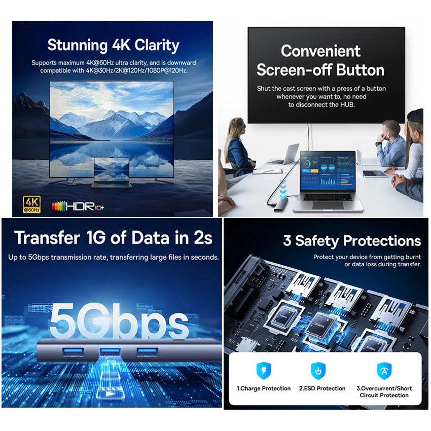 Adaptador HUB Space Grey Baseus UltraJoy Series 7-Puertos（Tipo-C a HDMI4K@60Hz ） - Achorao