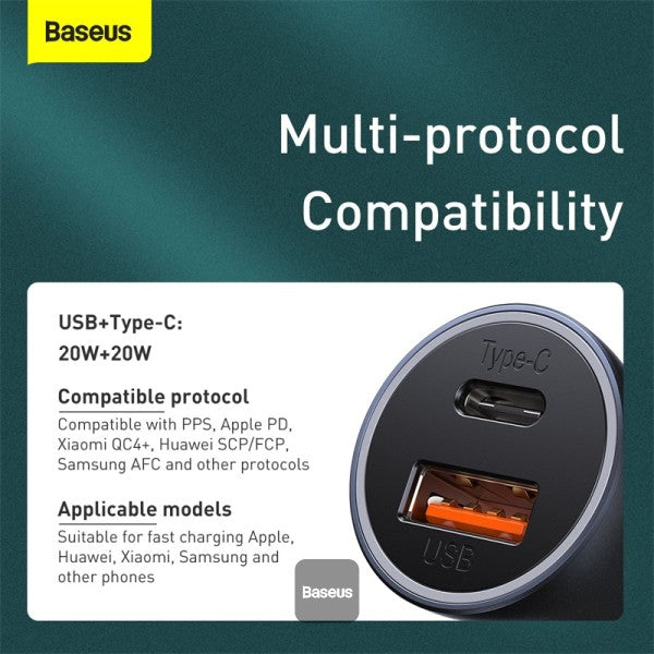 Contactor Baseus Pro Cargador Rápido Dual para Coche U+C 40W Gris oscuro - Achorao