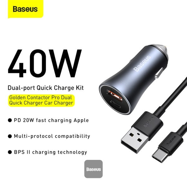 Contactor Baseus Pro Cargador Rápido Dual para Coche U+C 40W Gris oscuro - Achorao